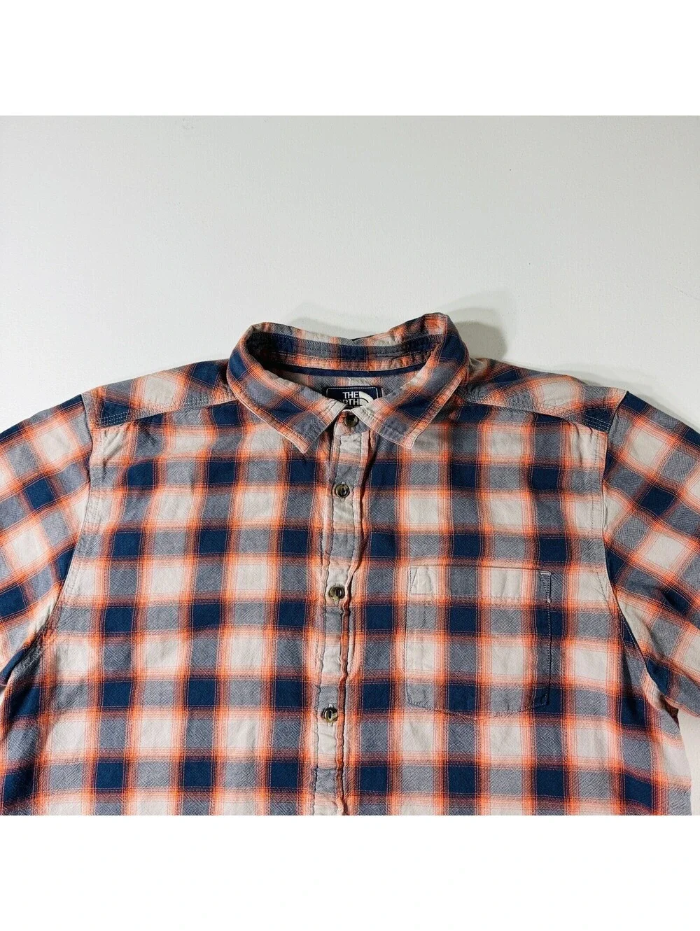 The North Face Button Down Shirt Short Sleeve Blue Orange Plaid Men’s Size Large